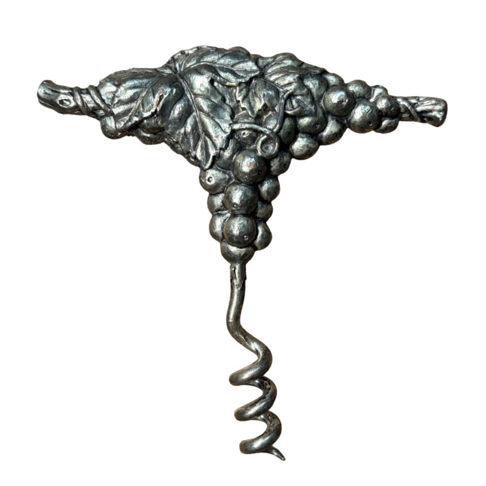 Vintage Silver Tone Grape Cluster Vine Corkscrew Wine Bottle Opener Barware
